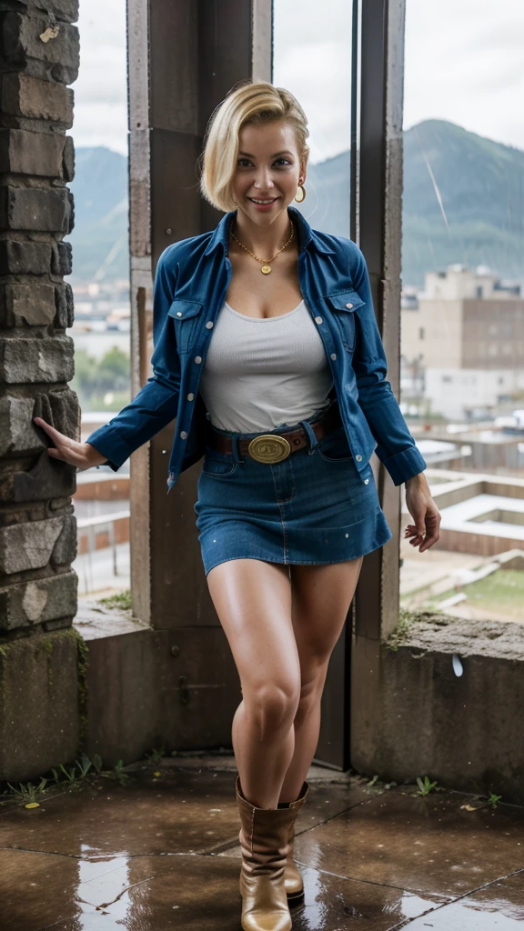 best quality, highres, and18, 1girl, android 18, solo girl, 1girl, blonde hair, blue eyes, belt, boots, tight blue demin skirt, gold_necklace, black shirt, short hair, long striped sleeves, earrings, open vest, denim vest, medium breasts, cowboy shot, mountains, straight-on, (weather: raining and windy), wet body, sexy smile, combat stance, full length pantyhose, battle ruins, wide hips, thick legs, torn clothes, closed fists,