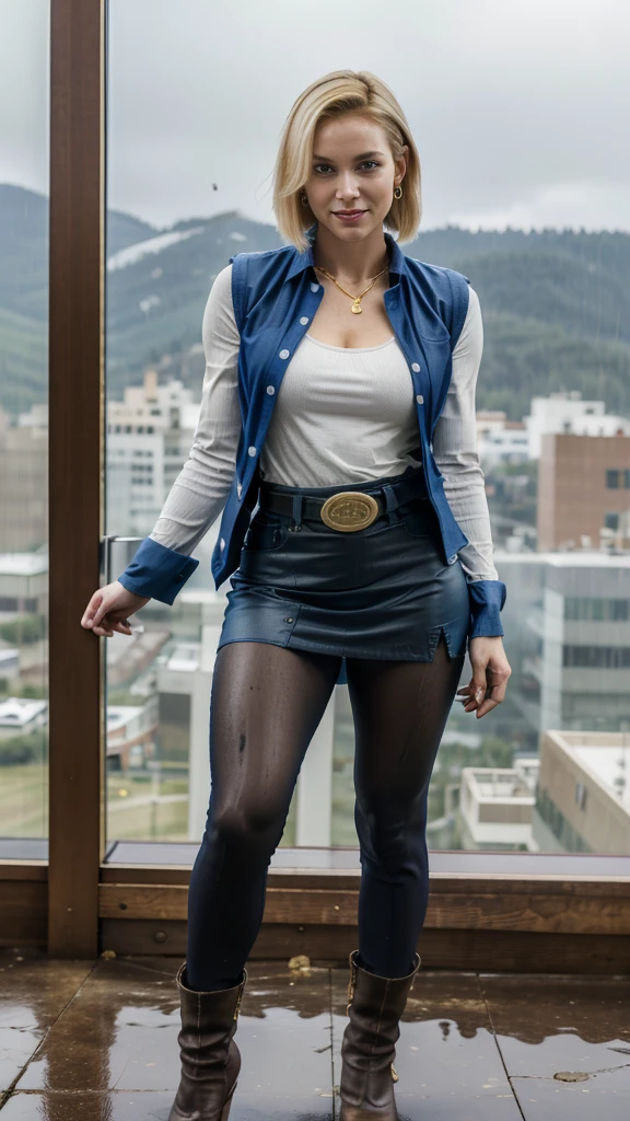 best quality, highres, and18, 1girl, android 18, solo girl, 1girl, blonde hair, blue eyes, belt, boots, tight blue demin skirt, gold_necklace, black shirt, short hair, long striped sleeves, earrings, open vest, denim vest, medium breasts, cowboy shot, mountains, straight-on, (weather: raining and windy), wet body, sexy smile, combat stance, full length pantyhose, battle ruins, wide hips, thick legs, torn clothes, closed fists,