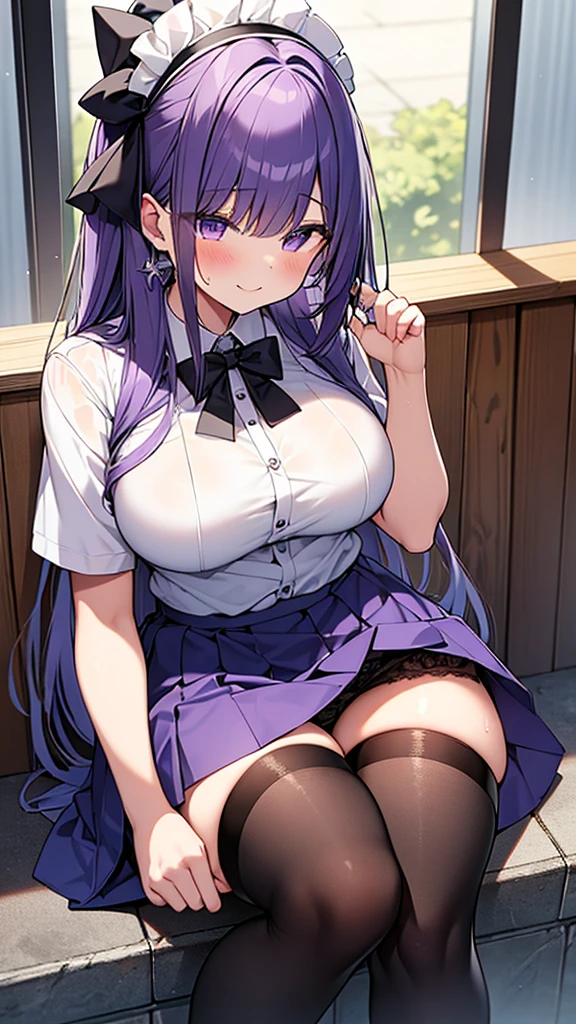 最high quality, high quality, Super detailed, 16K, Ultra-detailed details, pretty girl, alone, beautiful purple hair, Beautiful purple eyes, Big Breasts, A light smile, 赤い目, Summer clothes, Summer Maid clothes, I'm lifting my skirt, Blue and white color striped underwear(Showing her underwear under her skirt), Black knee socks, My crotch is wet with love juice, 18歳,かわいい, {{The master steals the face and voice of the girl he likes, then lifts up her skirt with the girl&#39;s face and voice to seduce the master.}}, Full body image, NSFW