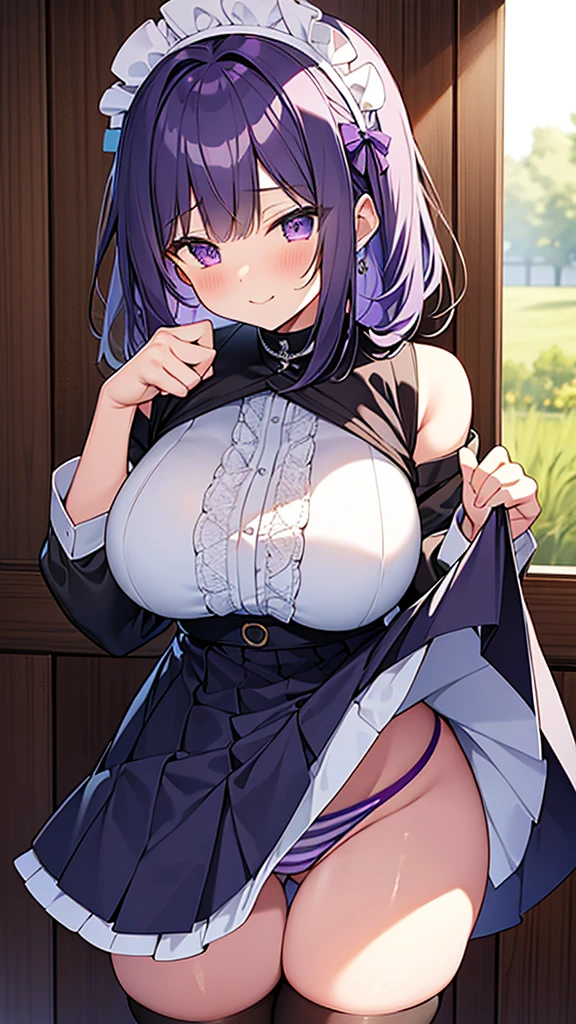 最high quality, high quality, Super detailed, 16K, Ultra-detailed details, pretty girl, alone, beautiful purple hair, Beautiful purple eyes, Big Breasts, A light smile, 赤い目, Summer clothes, Summer Maid clothes, I'm lifting my skirt, Blue and white color striped underwear(Showing her underwear under her skirt), Black knee socks, My crotch is wet with love juice, 18歳,かわいい, {{The master steals the face and voice of the girl he likes, then lifts up her skirt with the girl's face and voice to seduce the master.}}, Full body image, NSFW