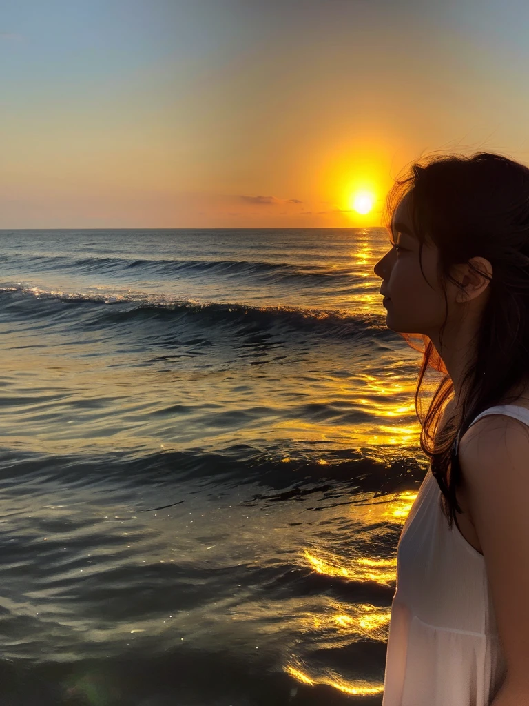  Maya is standing by the sea, the evening sun embraces the sky gently. Her hair was blown by the gentle sea breeze.