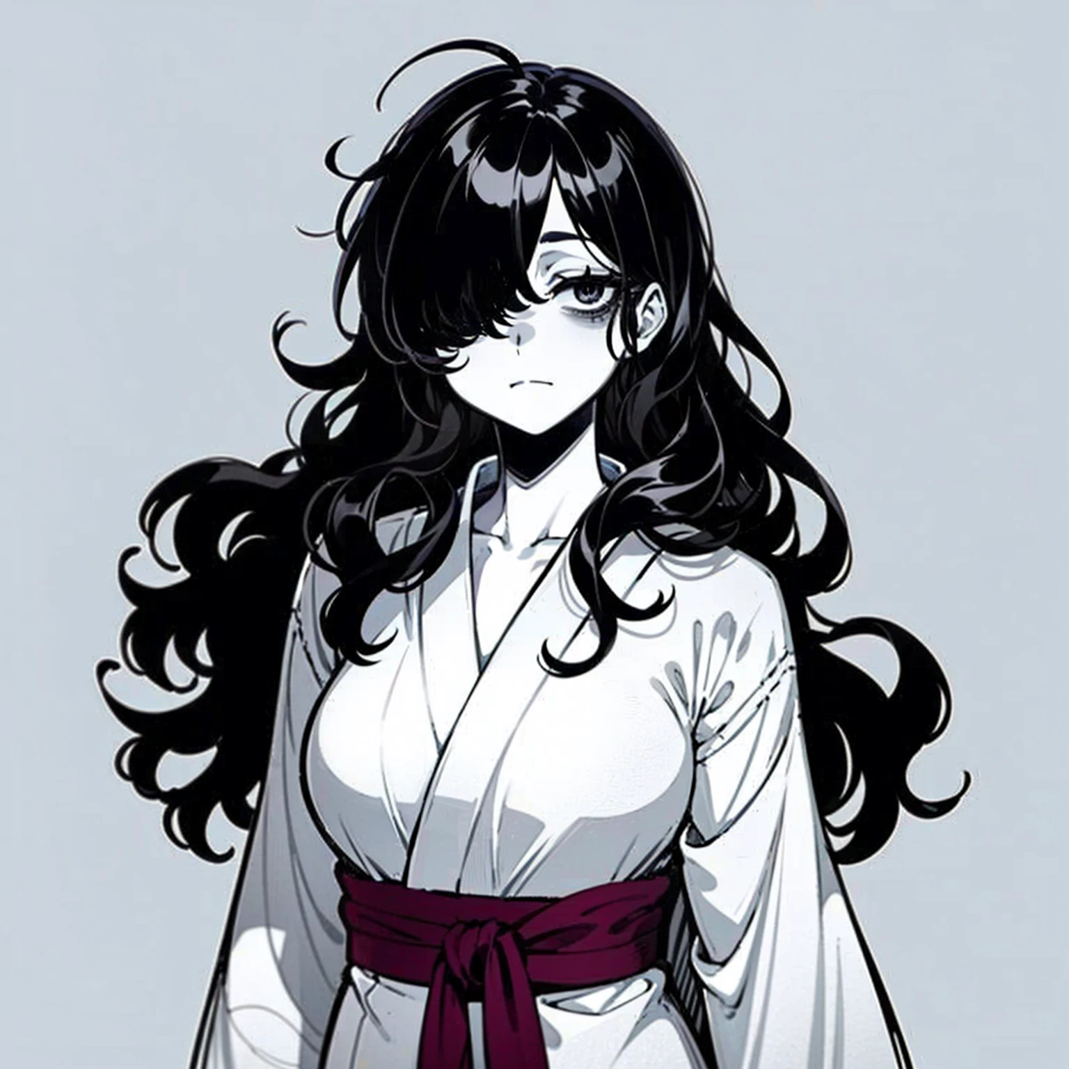 1woman, long messy wavy black hair, hair over one eye, black eyes, ((Bags under eyes)), big breast, wide hips, thick thighs, ((pale skin)), ((white Yukata)), expressionless face, ((standing pose)), ((solo)), ((best quality)), ((masterpiece)), portrait, looking at the camera, from the front, simple background, ((detailed)), ((perfect anatomy)), ((detailed art)), ((high definition)), ((4k)), ((high resolution))