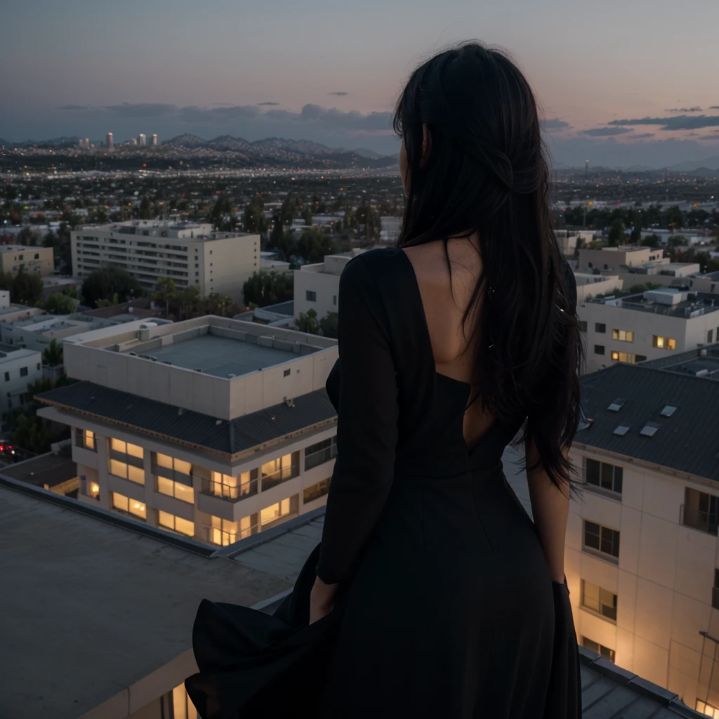 a girl with messy long black hair facing his back wearing a black elegant dress on top of the building overlooking los angeles at night