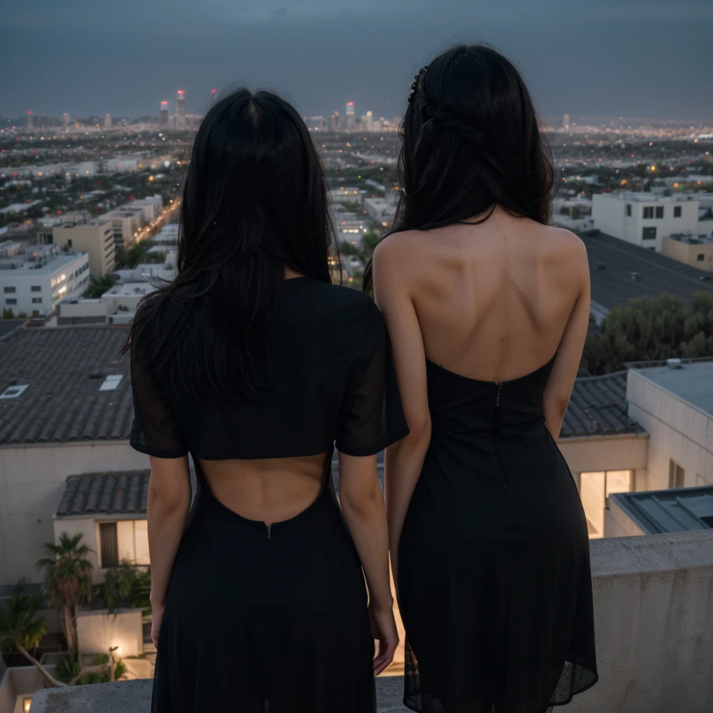 a girl with messy long black hair facing his back wearing a black elegant dress on top of the building overlooking los angeles at night