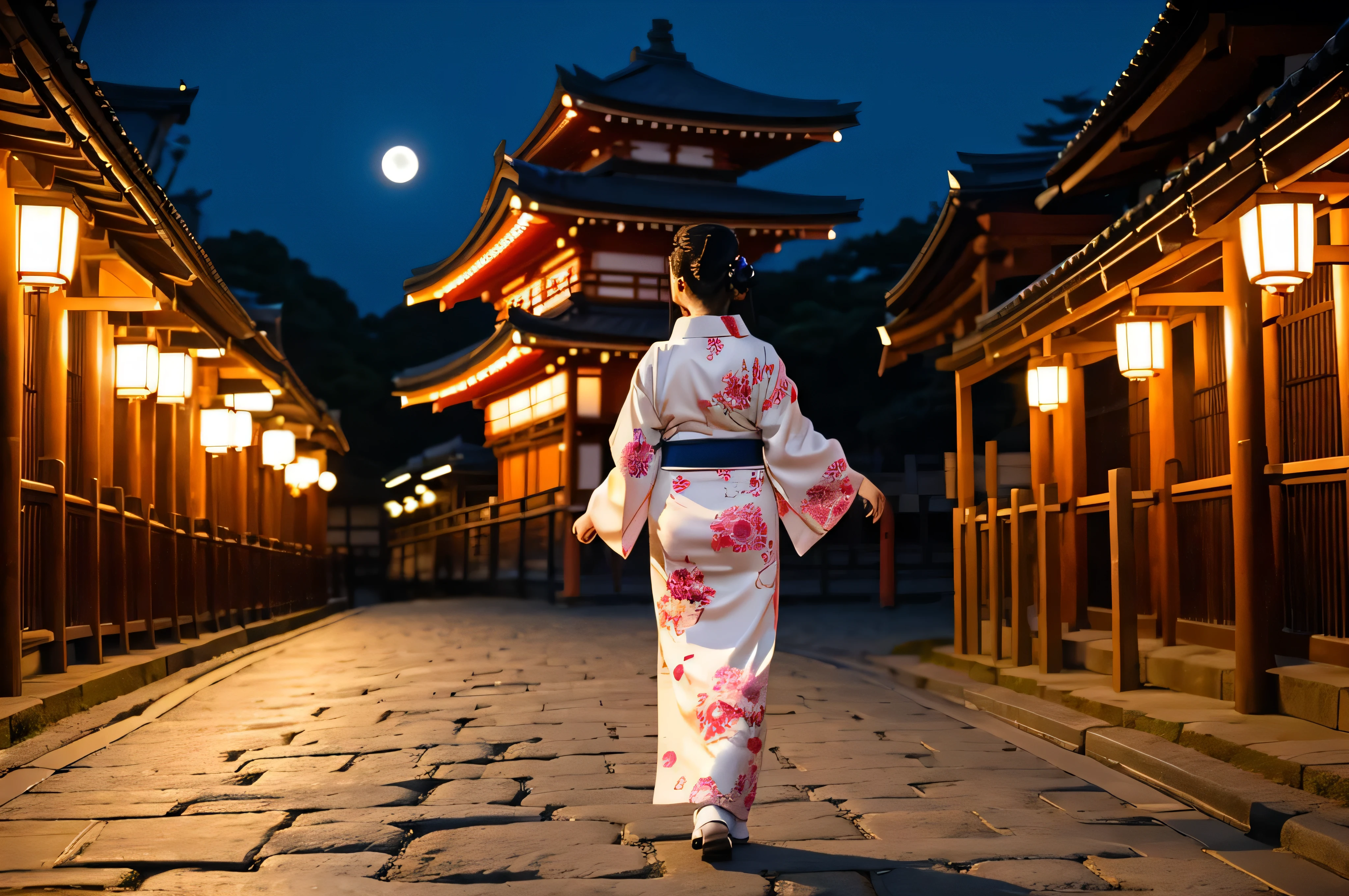 Japanese woman in kimono with back view, walking on a cobblestone night street with ten torii gates in a row and the moon out.