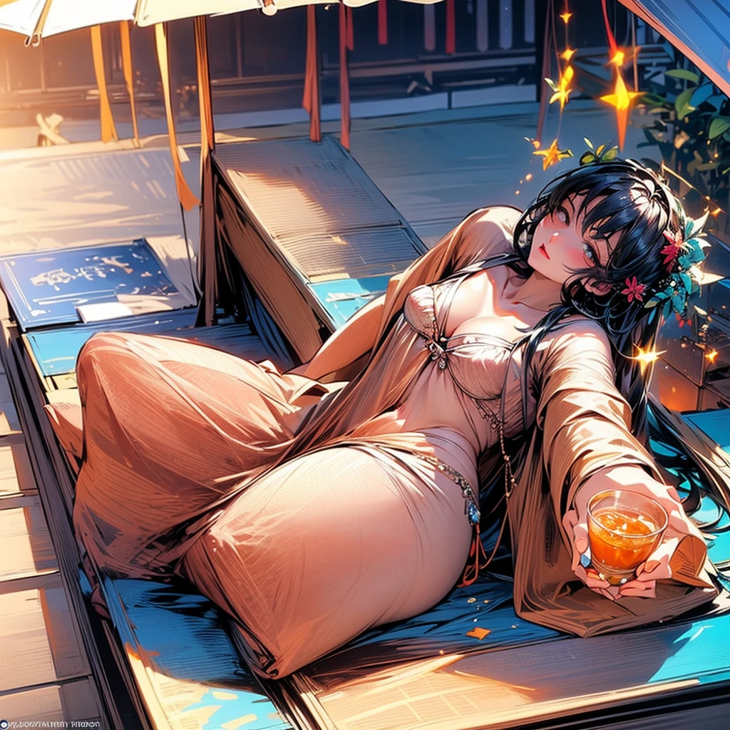 NSFW, sexy, A beautiful woman in a bikini, under a beach umbrella's shade on a tropical resort beach, drinking tropical juice; she has a well-toned figure, and her colorful, sexy bikini enhances her charm; the background features a vibrant beach with palm trees, clear blue sky, and sparkling ocean waves; sunlight and reflections add to the scene's richness, with light filtering through the umbrella and reflecting off the sand and water; the scene is rich with intricate details and delicate touches, rendered in a highly realistic anime style with maximum resolution and quality; various beach accessories like sunglasses and a suntan oil bottle are placed nearby; this time, she is in a bold, alluring pose, reclining on her side with one leg bent and the other extended, holding her drink with a confident and seductive expression.