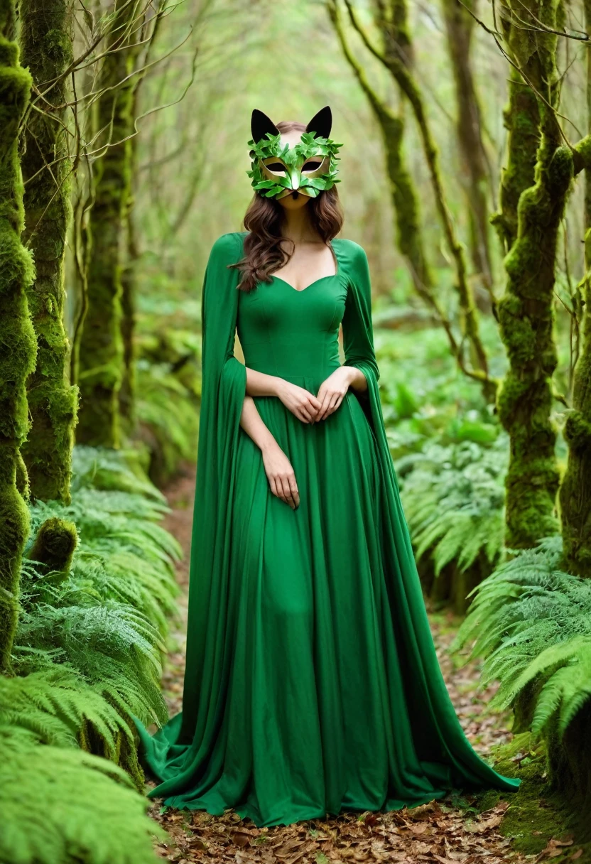 Serene forest scene with a woman in a long green gown wearing a wooden cat mask adorned with leaves and moss