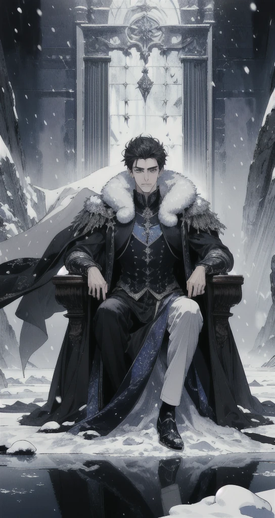 ((Masterpiece)),((best quality)),((Highly detailed)),((realistic,)) Very detailed), (Masterpiece), (best quality), (วอลล์เปเปอร์ 8k ที่มีรายVery detailed),Masterpiece,best quality,มีรายVery detailed,complicated,1 man,handsome faceสมบูรณ์แบบ,muscular man,detailed face,mischievous face,blue eyes,reflection of the eyes,look at viewer,Manly,short hair|Black hair, black prince outfit,(Shining Crystal Throne),dynamic poses,Dramatic angle,movie light,surrounded by snow, Masterpiece,Very detailed,Sitting on a white ice throne, (white throne), Fantasy, Realistic photos, hyperrealism, Highly detailed, movie light, man wearing black armor,long black fur shawl,black veil,black veil,Face details, sharp details,black slender eyebrows,handsome face, short hairสีดำ, blue eyes,have muscles, handsome faceเหลา, Sit on the throne., white ice power, snow power, The surrounding white snow scene