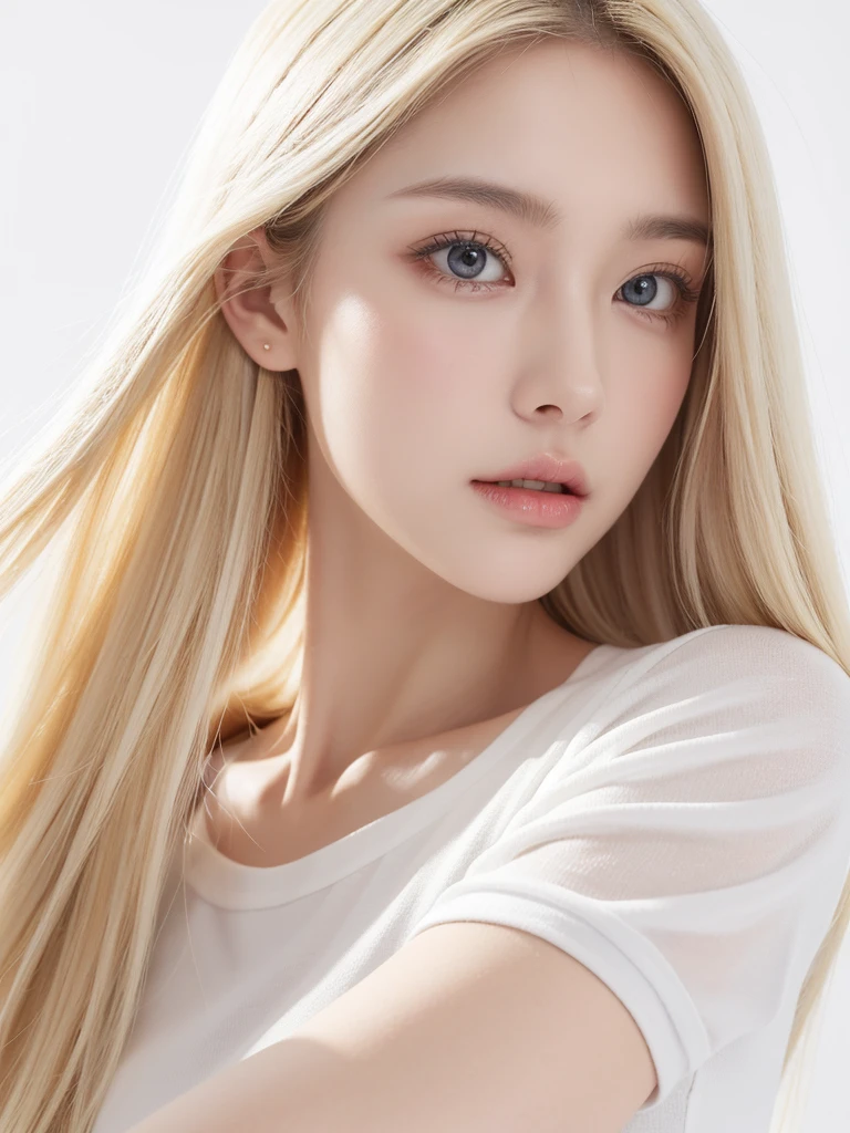 White skin, Long dark blonde hair, She is wearing a white short-sleeved top, Clear focus, Dynamic sexy pose, Round side face,Clear focus, High Detail, Perfect lighting, Solid color background, Bright Lights, Eight thousand information
