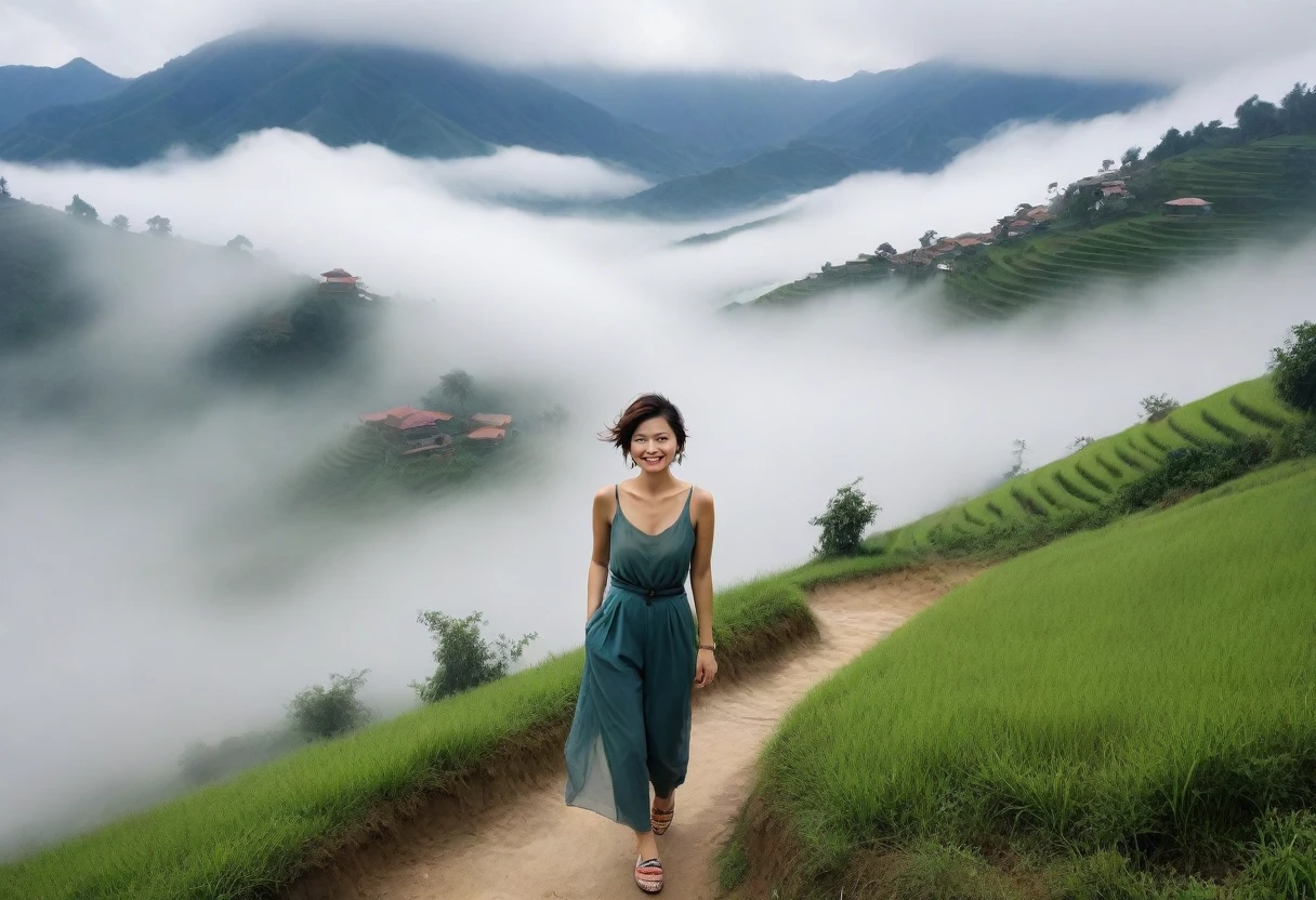 Beautiful Korean Woman, Chest size 34 inches, Wearing luxury brand sleeveless and casual pants, Foggy scenery of Sapa, Vietnam, I can see the trail, Short and medium hair blowing in the wind, Taken from a distance with a wide angle lens, Realistic living landscape, Front photo facing the camera, best picture quality, Short medium hair blowing in the wind, smile brightly, A thick fog obscures the front, Standing on a very narrow mountain path, Slightly medium hair blowing in the wind, Wearing a luxury brand dress, hair blowing in the wind