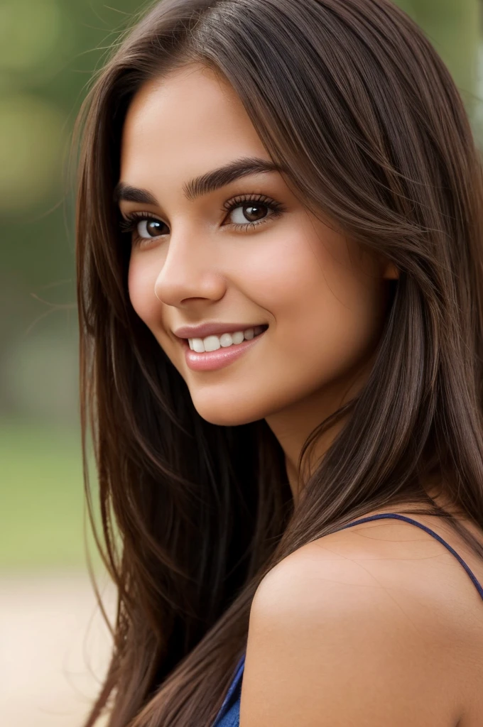 A close-up portrait of a young woman with long, straight, dark brown hair and smooth, glowing skin. She has well-defined eyebrows, large brown eyes, and a gentle smile. The background is softly blurred, focusing attention on her face. The lighting is natural and warm, highlighting her features beautifully.