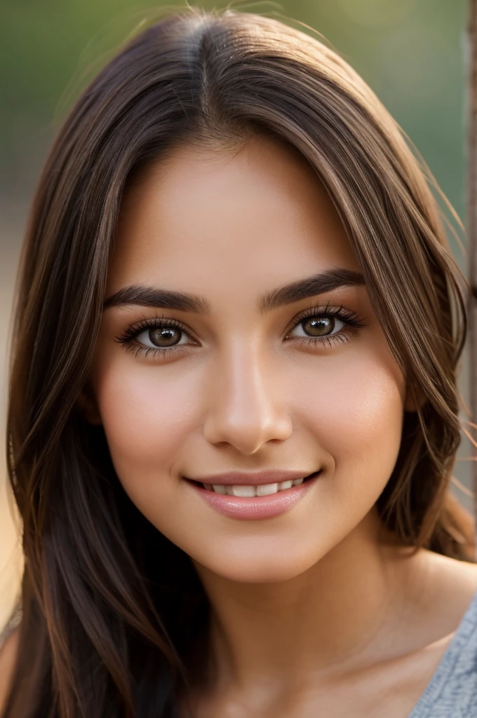 A close-up portrait of a young woman with long, straight, dark brown hair and smooth, glowing skin. She has well-defined eyebrows, large brown eyes, and a gentle smile. The background is softly blurred, focusing attention on her face. The lighting is natural and warm, highlighting her features beautifully.