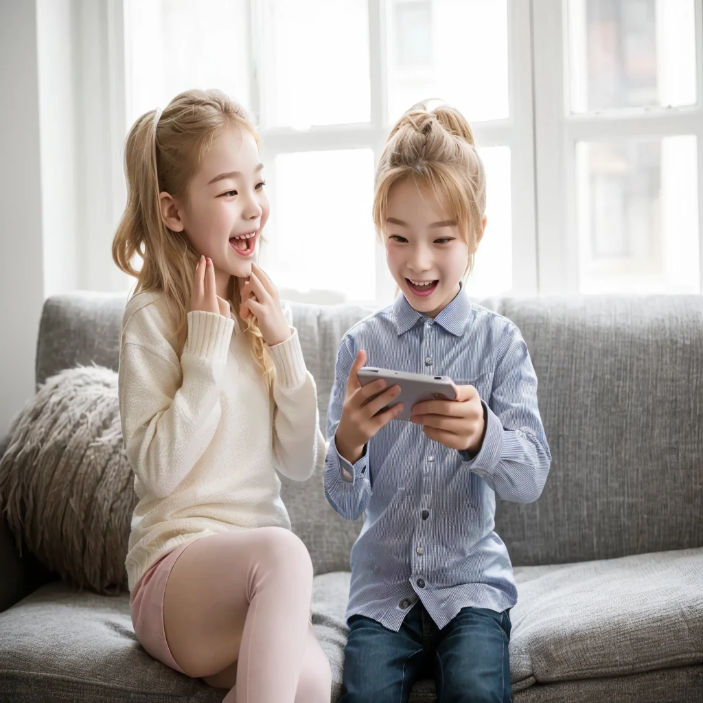 there are two child们 sitting on a couch playing with a tablet, play games, twins Playing video games, Next Generation, mobile game, childs playing, Playing video games, Both of them laughed, child们, Gen Z, child, very excited, Have a great time, childs, Have a great time, unique design, describe, professionally, child们 playing with pogs, interesting