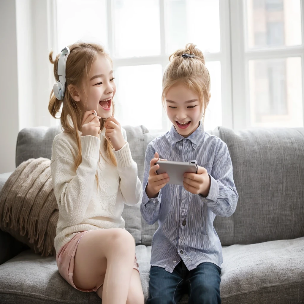 there are two 们 sitting on a couch playing with a tablet, play games, twins Playing video games, Next Generation, mobile game, childs playing, Playing video games, Both of them laughed, child们, Gen Z, child, very excited, Have a great time, childs, Have a great time, unique design, describe, professionally, child们 playing with pogs, interesting