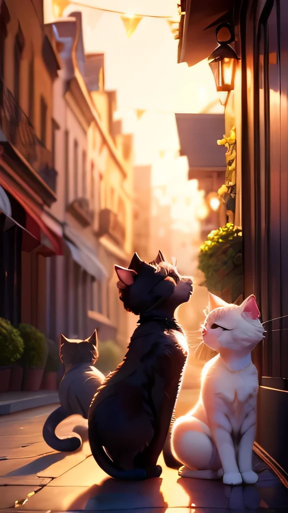 high resolution, masterpiece, 8K, Two cats, Two black furred mother cats and their kittens, whole body, Deformation, mascot, Are standing, cute, CUTE, 3DCG, Big eyes, Background blur, Wearing a crown of stars, Luxurious clothes, bright, Background is the city in the daytime, sunny, in the morning, big eyes, cute, lovely, Round eyes, Two mother cats and their kittens are talking to each other, Outdoor,