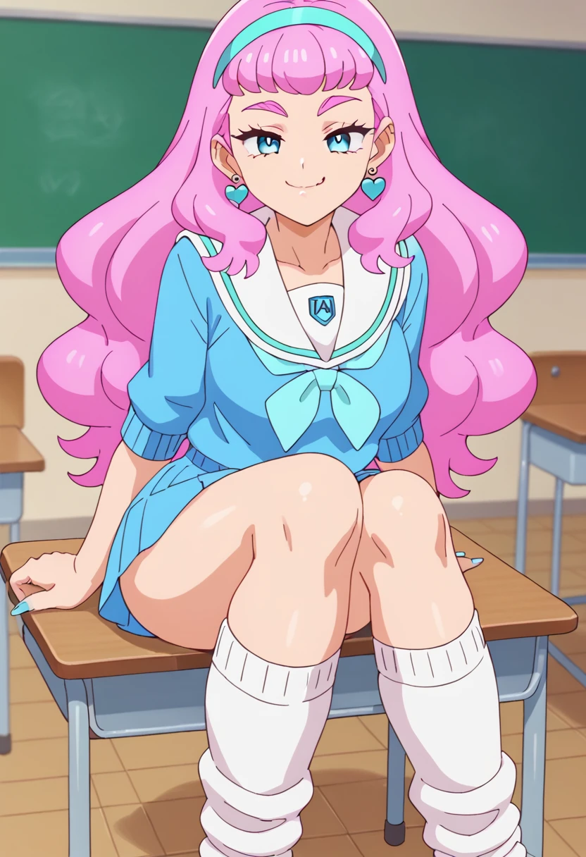 score_9, score_8_up, score_7_up, 1girl, Laura la Mer, slutty_clothes, gyaru, pink hair, blue eyes, pink eyebrows, long hair, blue hairband, smile, smug, , serafuku, loose socks, sitting, classroom, pale skin