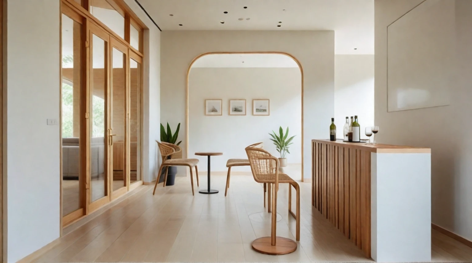 Minimalist Muji-style cafe-bar in living room, cafe-bar furniture, door on the left, interior house on the right, neutral color palette, natural materials, soft lighting, low-profile white couch, wooden chair, natural wood coffee table, indoor plants, minimalist wall art, woven rug, natural light, tranquility, functionality, harmonious blend,
The scene is enhanced by a shallow depth of field, with the focus on the detailed table setting and a bokeh background, creating a serene and sophisticated ambiance. ((8k)), high quality detail, cozy and elegant environment, artistic and inviting.
depth of field camera, 50mm, ((8k)), high quality detail, soothing and elegant ambiance. , ((8k)), ((UHD)), 8k, high quality detail, realistic photo, luxurious, beautiful, modern, soothing, cozy, peaceful, cottagecore