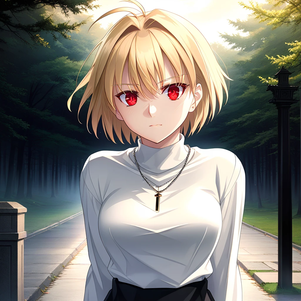 masterpiece,best quality,Arcueid,ruby eyes, ruby eyes,short hair,1girl, white sweater, solo,looking at viewer, black skirt,hair between eyes,breasts,outdoors, chain necklace, full body, fang, angry, black tights, long nails