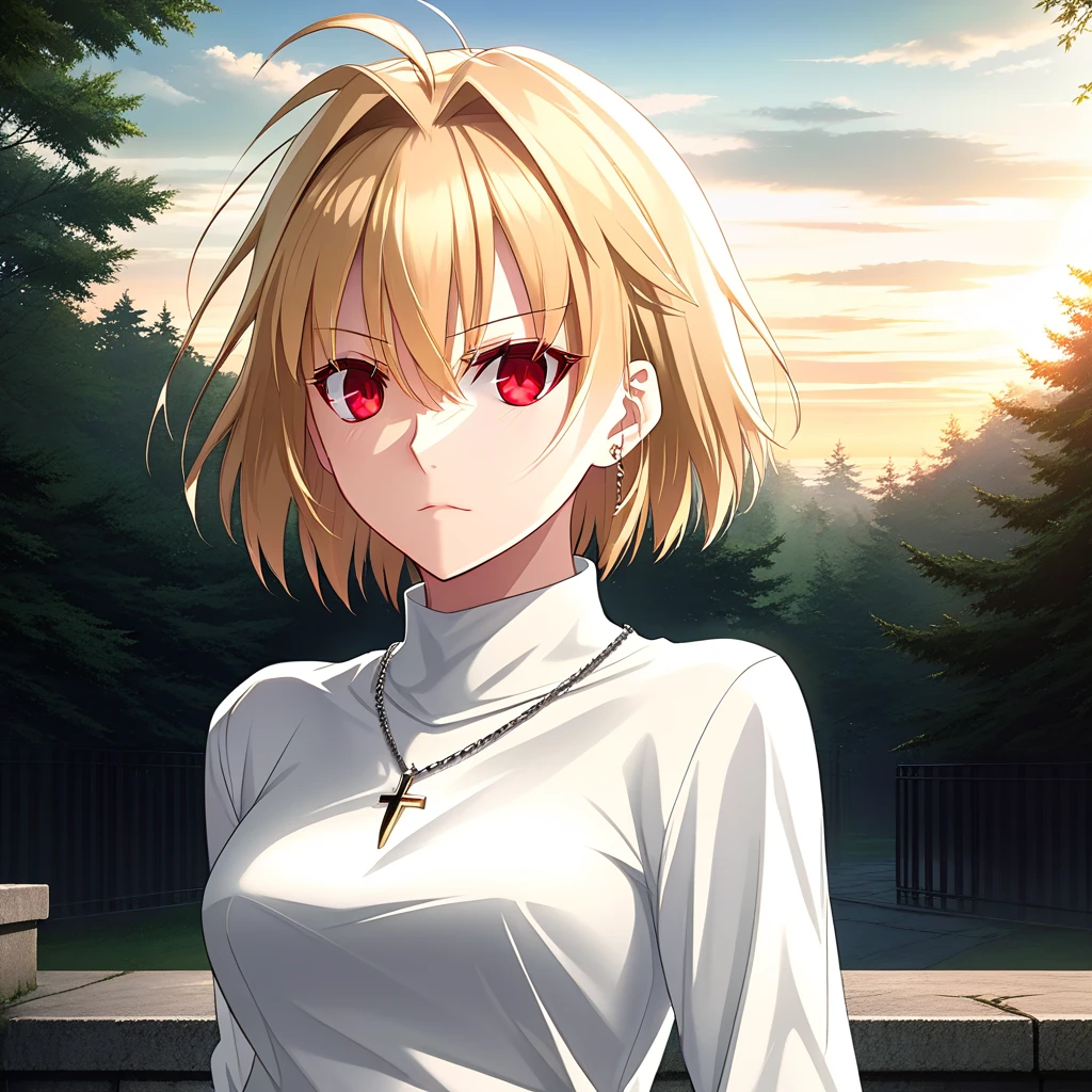 masterpiece,best quality,Arcueid,ruby eyes, ruby eyes,short hair,1girl, white sweater, solo,looking at viewer, black skirt,hair between eyes,breasts,outdoors, chain necklace, full body, fang, angry, black tights, long nails