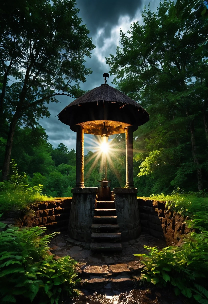 Image of a well , dark old walls , bright light coming from well , forest background with dark balck clouds in the sky,