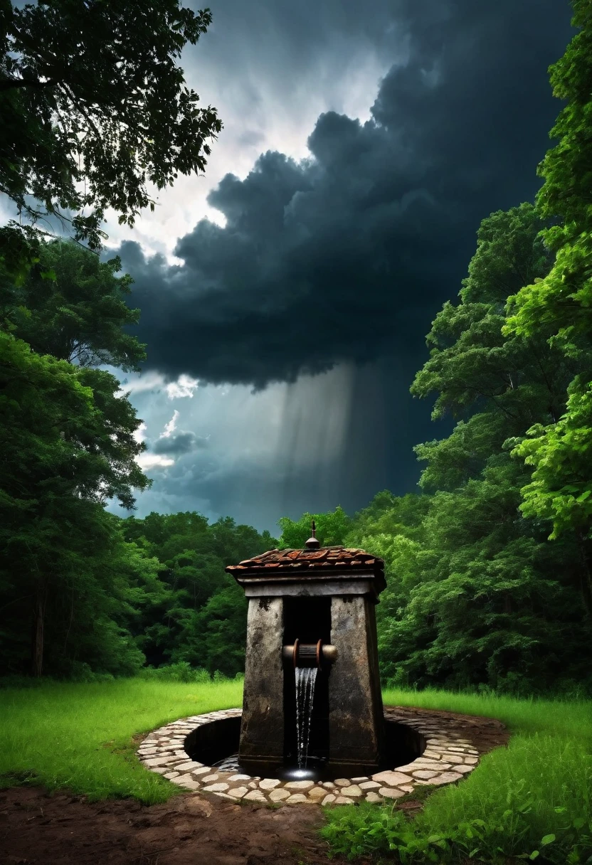 Image of a well , dark old walls , bright light coming from well , forest background with dark balck clouds in the sky,