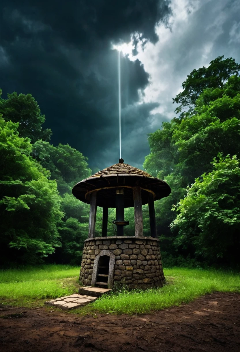 Image of a well , dark old walls , bright light coming from well , forest background with dark balck clouds in the sky,
