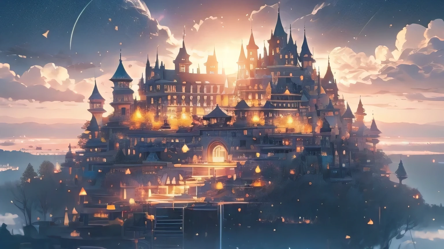 a big castle on a mountain, a beautiful small dragon flying near to the castle, a lake in the background, a sunset with a lot of clouds and stars.