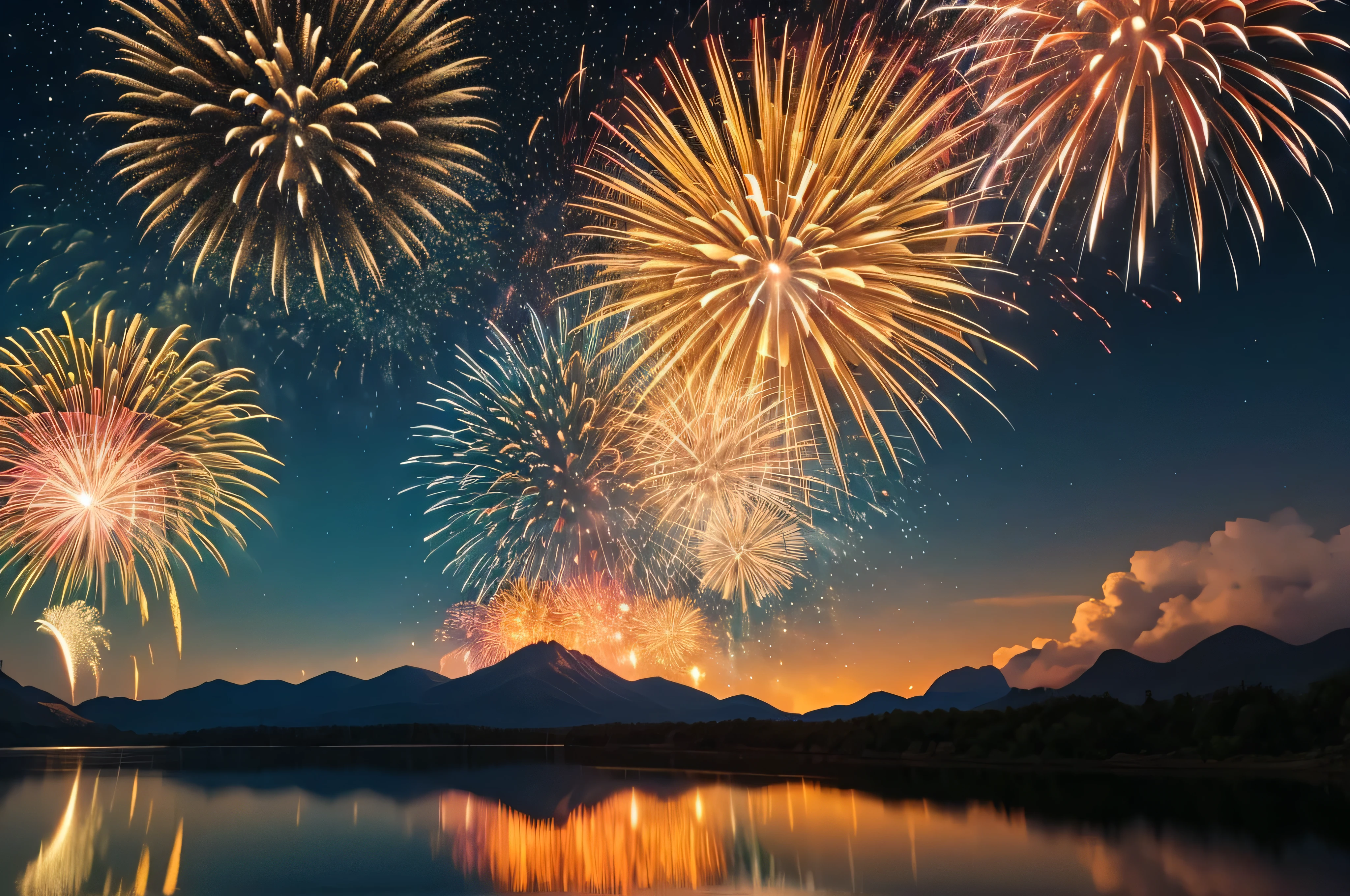 Fireworks are lit up in the night sky over a lake, Cloud Valley Isogan painting, shutterstock, romanticism, Fireworks, [ Fireworks in the sky ]! , fireworks, golden meteor, fireworks, fireworks in background, vivid! , celebrating, fireworks s in the background, decorated with explosions of fire, golden remnants of fire flying, fireworks s on the background,8k