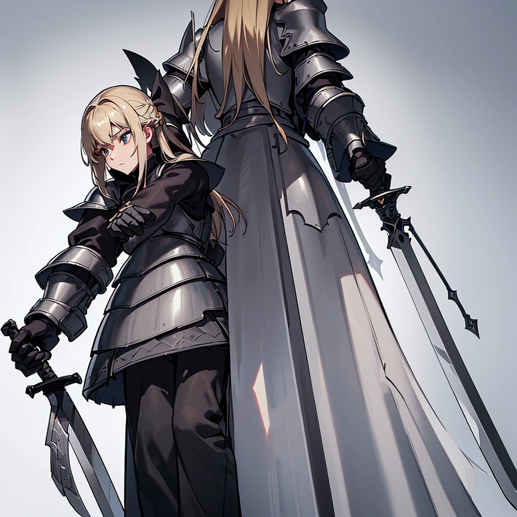 (Full body character concept、detailed)、(((Simple grey armor、Black trousers、Black gloves))、(woman、18-year-old)、(Blonde、Long Hair)、(((Grab the sword、Get Ready)))、(From the back、From below)、(White background)
