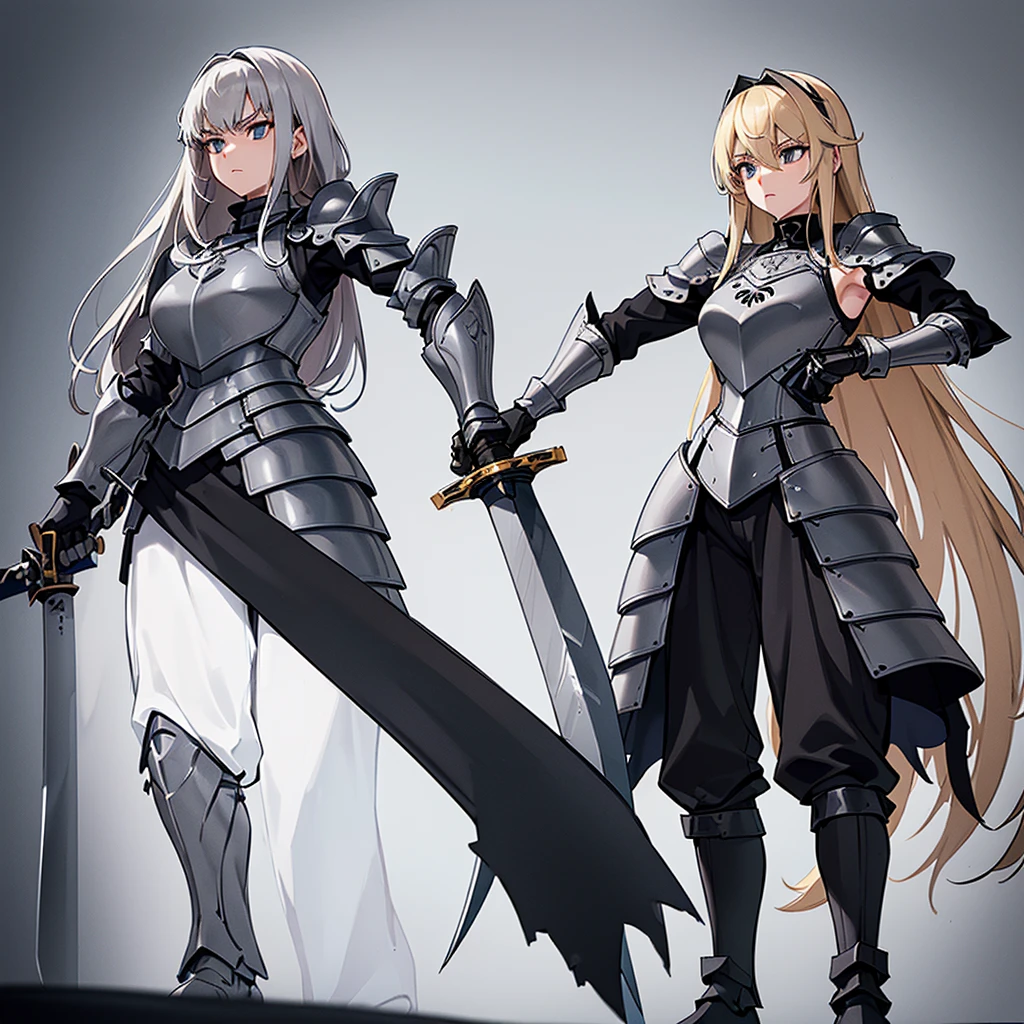 (Full body character concept、detailed)、(((Simple grey armor、Black trousers、Black gloves))、(woman、18-year-old)、(Blonde、Long Hair)、(((Grab the sword、Get Ready)))、(From the back、From below)、(White background)