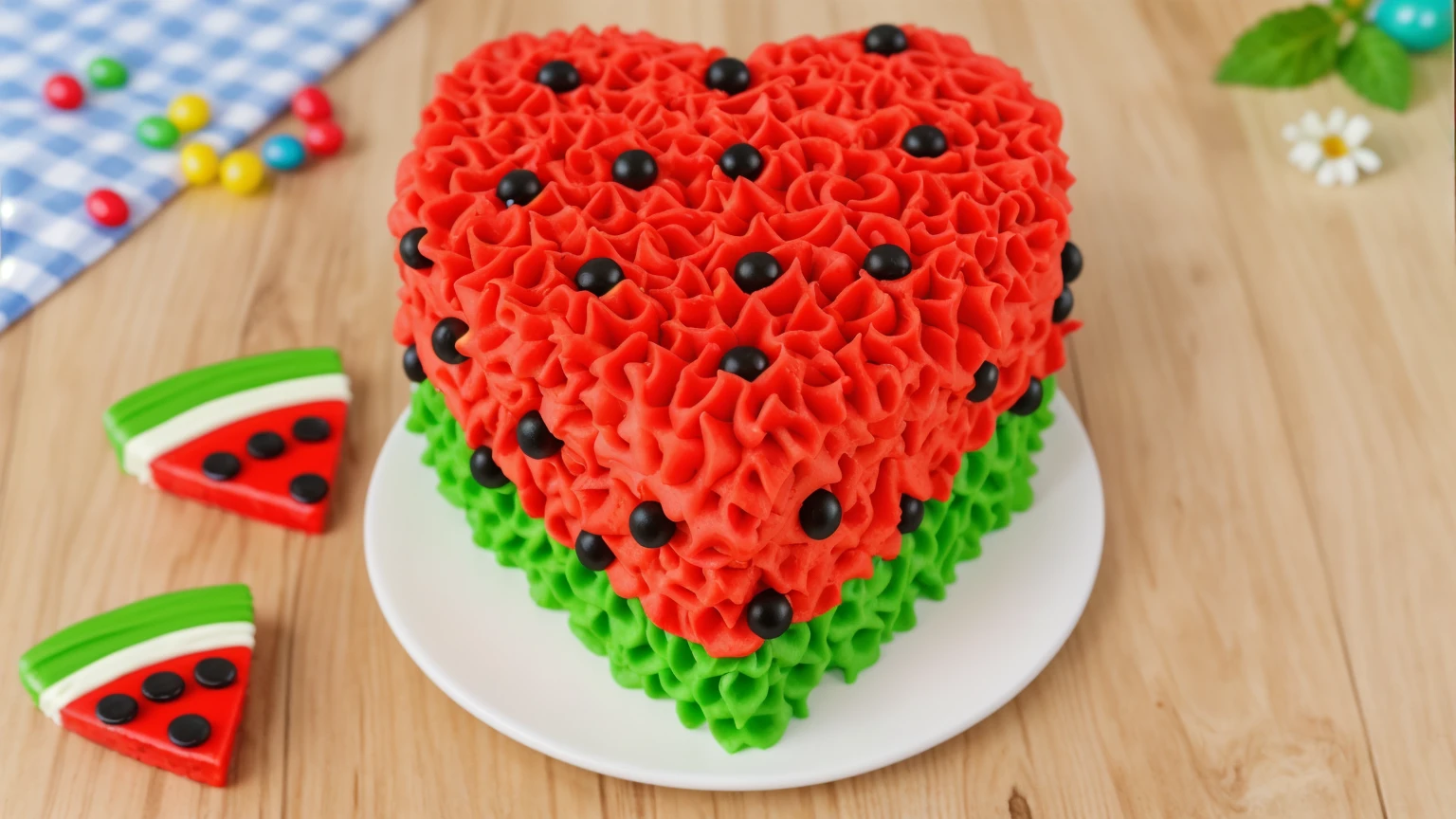 on a wooden table, there is a heart-shaped cake on a white plate,. red and green cream cake. cream with highlights, with black beads. there is a blue checkered tablecloth on the table next to it, scattered rainbow jelly beans, chamomile lies, There are slices of watermelon made of polymer clay on the table, Multiple light sources, bright lighting, Realistic style , realistic texture, detailed texture, A high resolution, high quality, macro photo, ultra hd 4k quality.