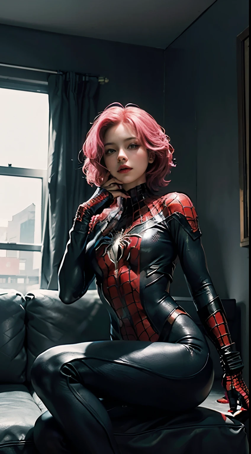 (Highly Detailed CG Unity 8K Wallpaper, masterpiece, Highest quality), (Exquisite lighting and shadows, A very dramatic picture, Cinema Lens Effects), a girl in a black bondage costume, Pink Hair Color, from the Spiderman parallel universe, Wenger, Marvel, Spiderman, Sitting on the couch, Dynamic pose), (Amazing details, Excellent lighting, Wide-angle), (Excellent rendering, Stand out in the same class), focus on white Spiderman costumes, Intricate spider texture