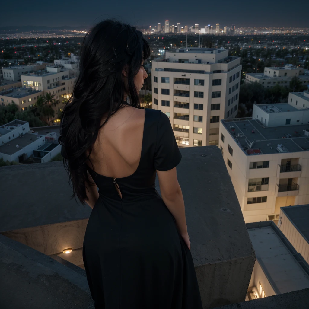 a girl with messy long black hair facing his back wearing a black elegant dress on top of the building overlooking los angeles at dark night