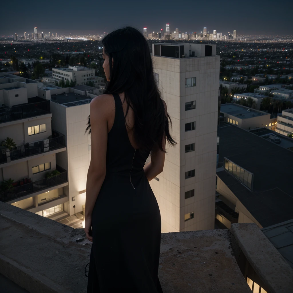 a girl with messy long black hair facing his back wearing a black elegant dress on top of the building overlooking los angeles at dark night
