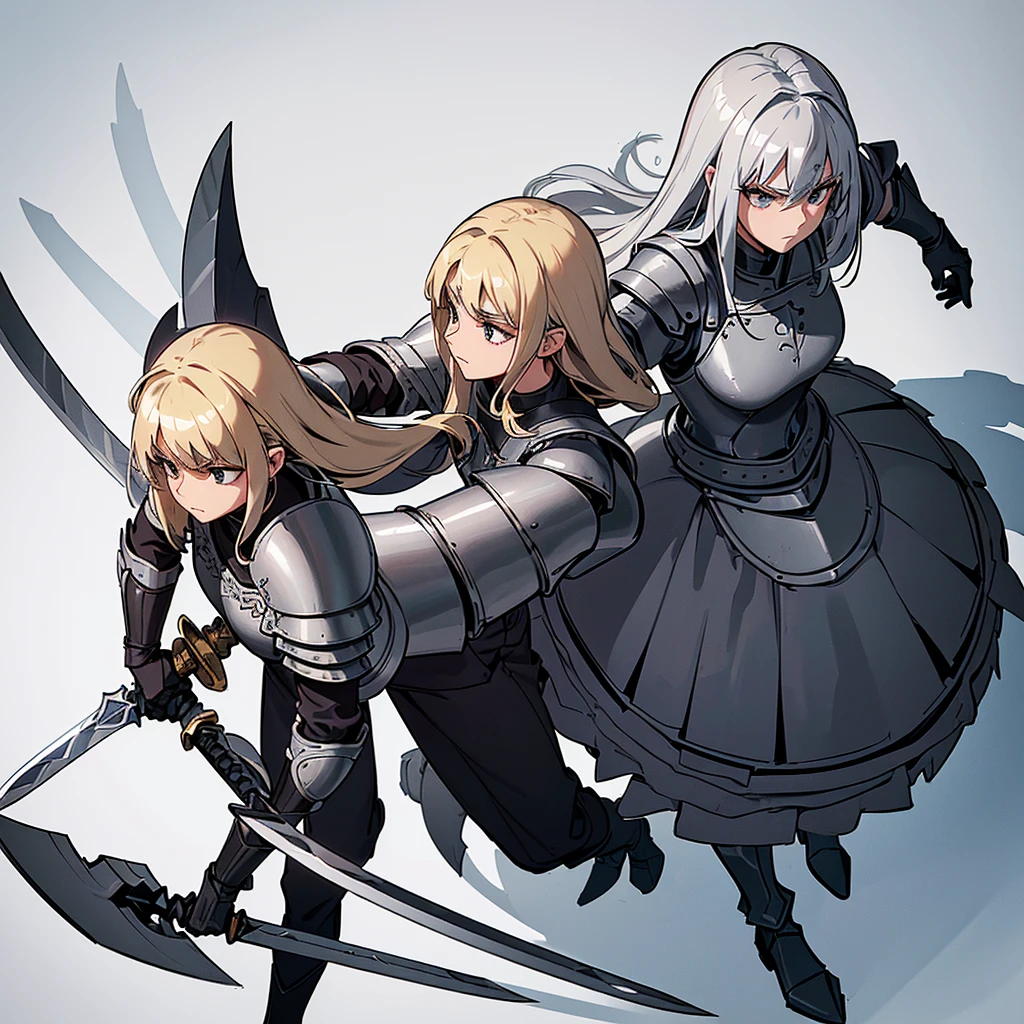 Best illustrations、Best Quality、(Full body character concept、detailed)、(((Simple grey armor、Black trousers、Black gloves))、(woman、18-year-old)、(Blonde、Long Hair)、(((Grab the sword、Get Ready)))、(From above at an angle)、(White background)