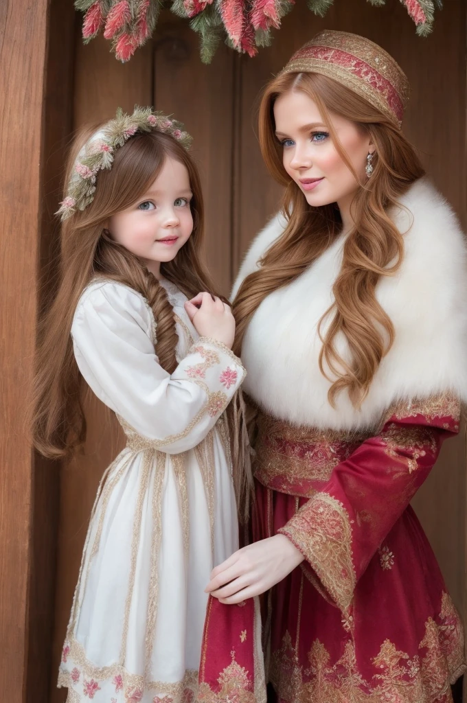 A gorgeous, pretty, shiny, kind-hearted, warm-hearted, sweet, polite, sensitive, friendly, charming, graceful, stylish, classy, alluring, majestic, ethereal, angelical ginger long haired russian woman dressed in traditional folk winter costumes. She's with a little cute girl.