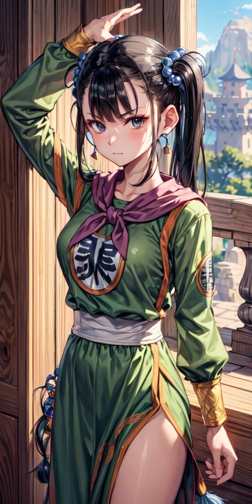 masterpiece, best quality, 4k, 8k, fighter (dq3), 1girl, solo, long hair, twintails, looking at viewer, black hair, hair ornament, long sleeves, dress, medium breasts, closed mouth, cowboy shot, black eyes, arm up, chinese clothes, hair bobbles, clenched hand, fighting stance, Ancient Castle, indoor