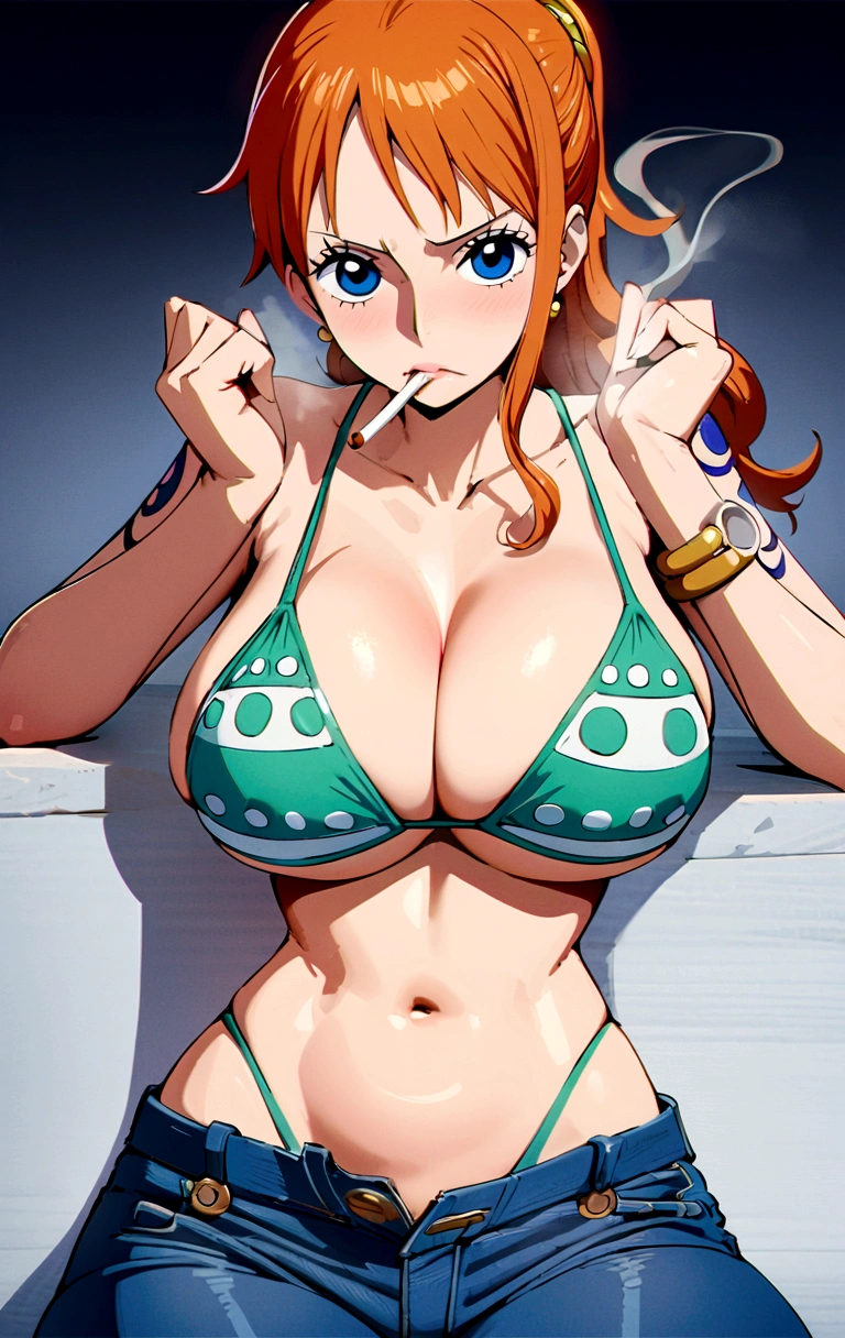 a cartoon picture of a woman in a bikini top and jeans, nami one piece, nami from one piece, nami, beautiful portrait of nami, from one piece, oppai, blue eyes, smoking, ponytail, nsfw