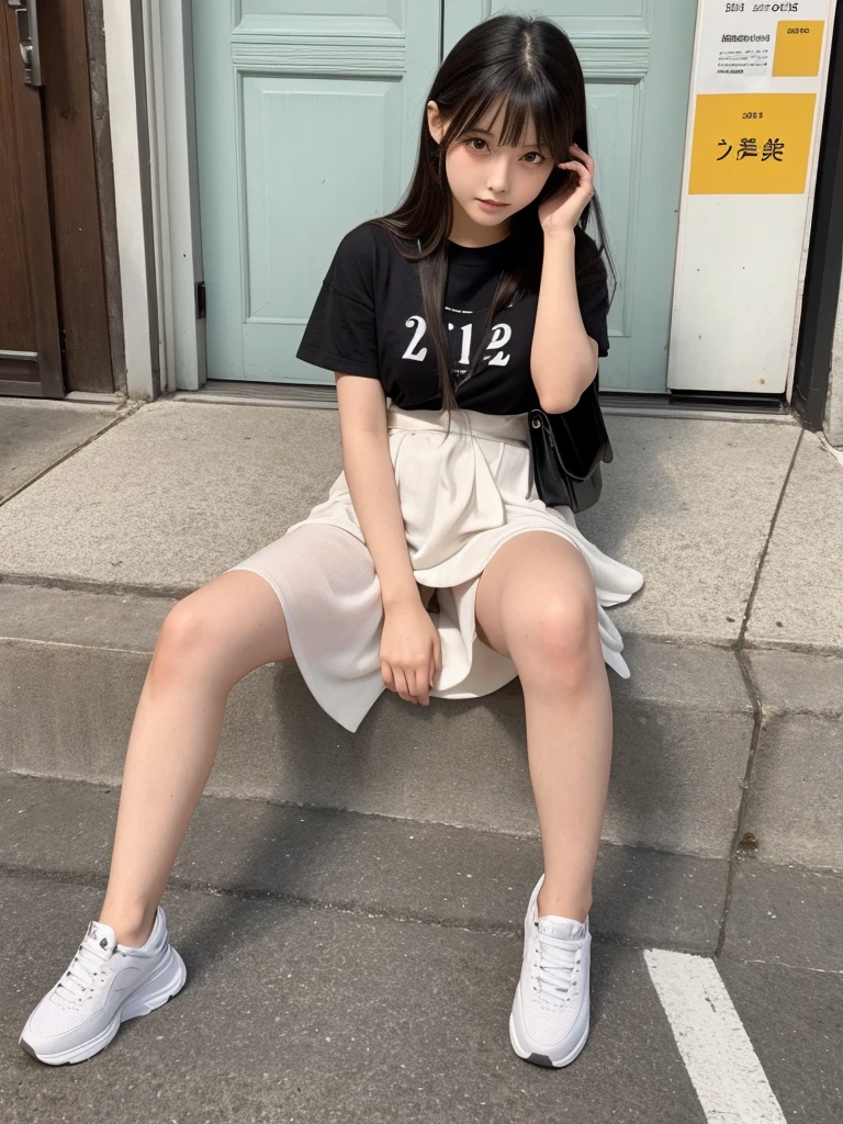 22w 2020s fashion, full body of a 20-year-old Japanese beauty sitting, snapshot not looking at the camera, double and big eyes, face is downcast, beautiful thighs