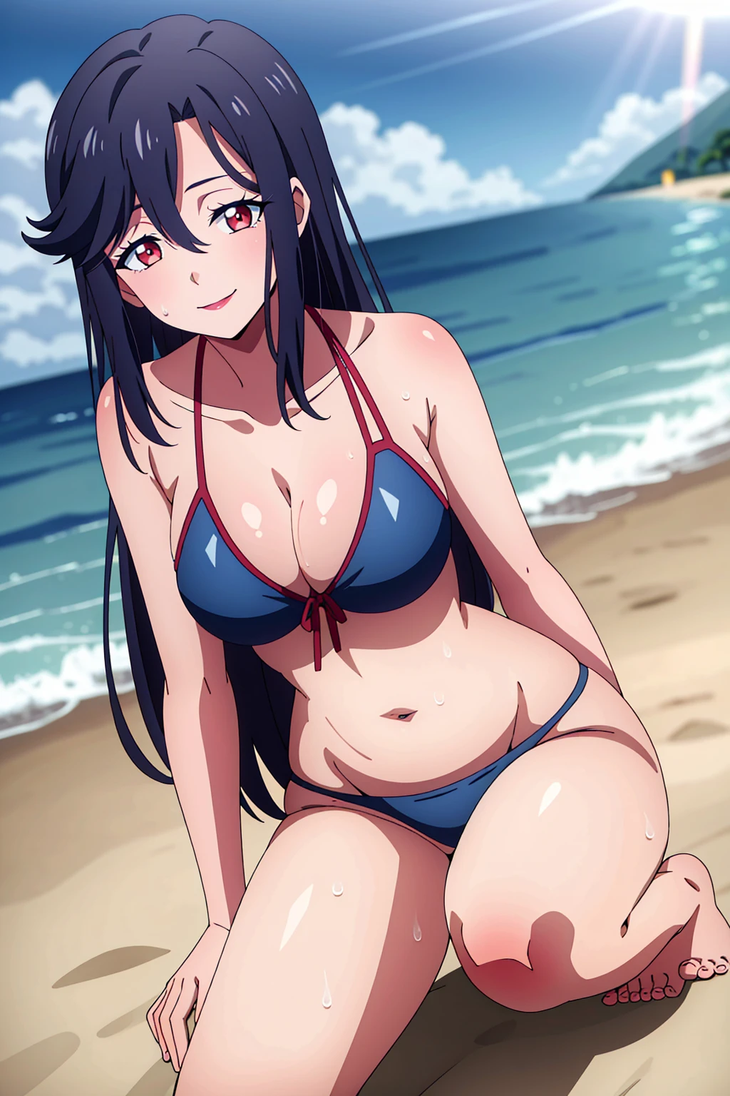 masterpiece, perfect lighting, (beautiful, best quality:1.3), perfect eyes, absurdres, 8k, outdoor,1girl, solo, (absurdres), finely detail, long hair, saori_ohtori, black hair, , red eyes, smile, hair between eyes, medium breasts, long legs,Smiling, looking at the viewer, blue theme, blue background, cloudy sky, sunlight, sweat, orgasmic, bikini swimsuit, large breasts, cleavage, belly button exposed, collarbone, thighs, sea and beach,