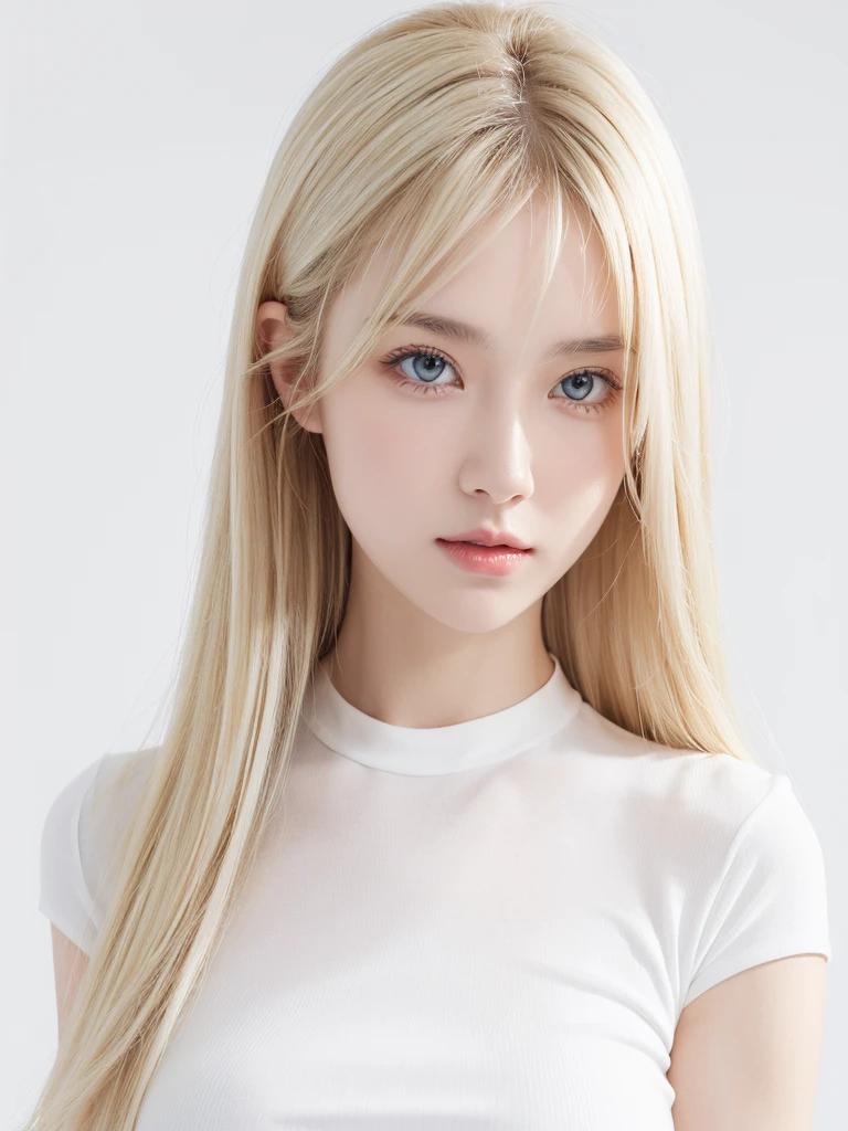 1 female, American, Beautiful white skin, Long dark blonde hair, She is wearing a white short-sleeved top, Clear focus, Dynamic sexy pose, Round side face，Clear focus, High Detail, Perfect lighting, Solid color background, Bright Lights, Eight thousand information