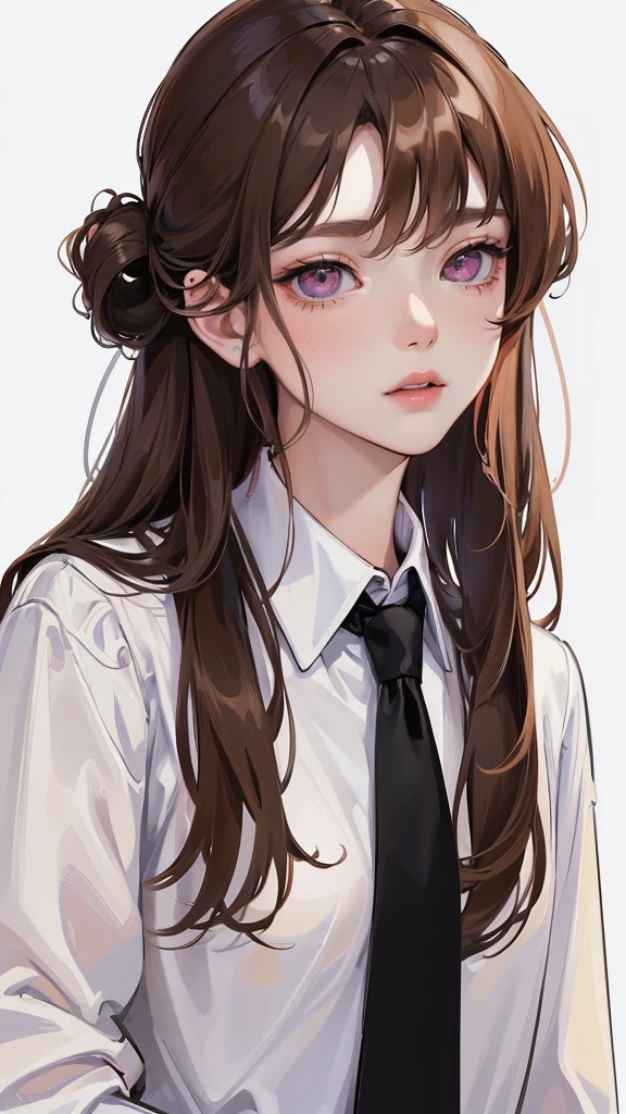 (Top resolution、Distinct_image)top-quality、femele、masterpiece、highly detailed、Semi-realistic、pink eyes、18year old、young、Exquisite facial features、Facial features、unique hairstyle, variations, potrait, white background, light brown hair, wear white oversized shirt, wear black necktie