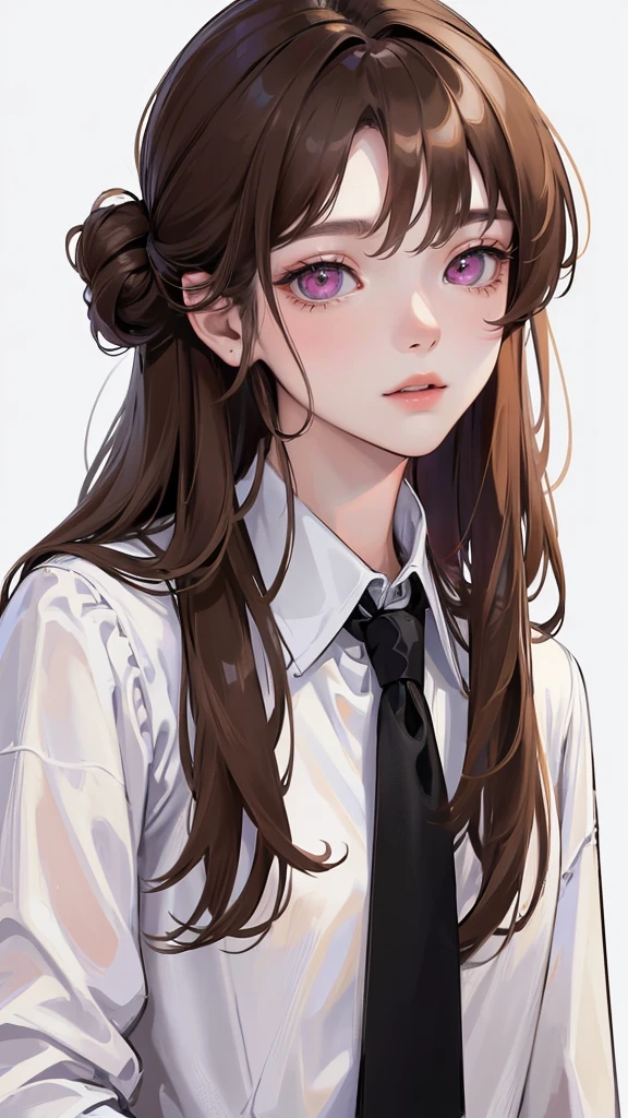 (Top resolution、Distinct_image)top-quality、femele、​masterpiece、highly detailed、Semi-realistic、pink  eyes、18year old、young、Exquisite facial features、Facial features、unique hairstyle, variations, potrait, white background,   light brown hair, wear white oversized shirt, wear black necktie 