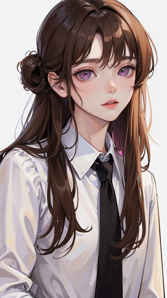 (Top resolution、Distinct_image)top-quality、femele、masterpiece、highly detailed、Semi-realistic、pink eyes、18year old、young、Exquisite facial features、Facial features、unique hairstyle, variations, potrait, white background, light brown hair, wear white oversized shirt, wear black necktie