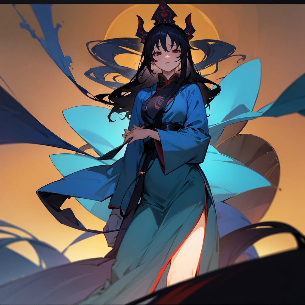 Blue robes, darkness, shakujo, long black hair, bodhisattva's crown, odd eyes, white hawk