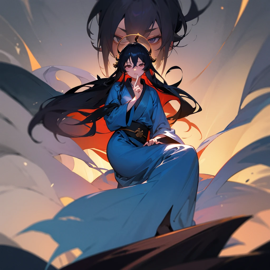 Blue robes, darkness, shakujo, long black hair, bodhisattva's crown, odd eyes, white hawk