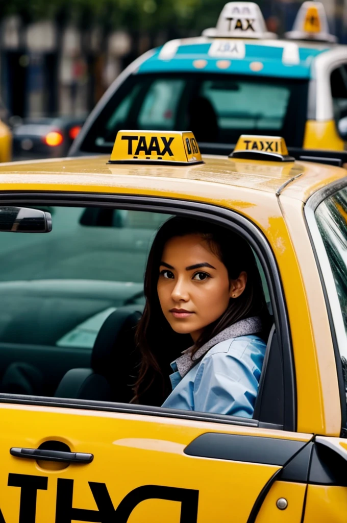 A woman in a taxi