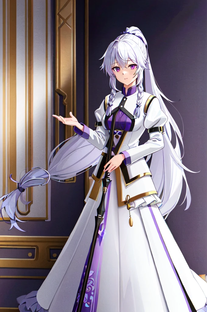 (extremely detailed CG unity 4k wallpaper),(masterpiece),(ultra quality),(ultra-detailed),(best illustration),(best shadow),(absurdres),(detailed background), 1girl, staff, long white hair, solo, hair in a loose braid, colored skin, high ponytail, white hair, purple eyes, long sleeves, holding staff, ponytail, holding, blue skin, looking at viewer, purple lips, medium length hair