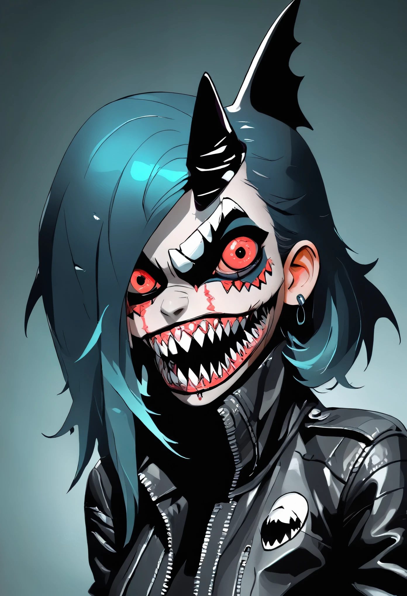 ASCIIcute monster girl, shark girl, leather jacket, black sclera