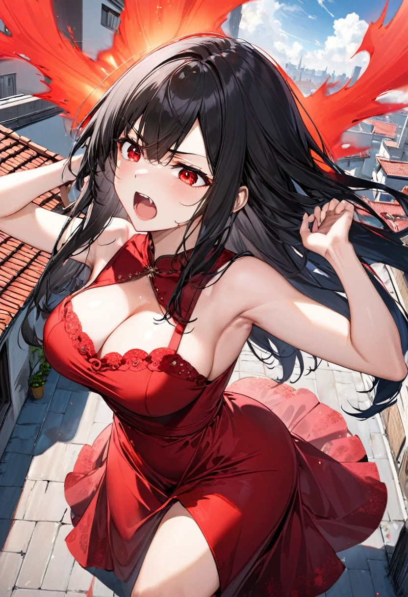 (from above and high angle), (Throw both hands up into the sky, looking at the sky), (solo:2, 18 yo, straight black hair long hair angry nce girl, angry red eyes, open mouth, big tia formal dress), break, in the rooftop, (background red aura:1.3), BREAK, perfect anatomy, masterpiece, best quality, 16k, beautiful detailed grow, daydreaming expression.